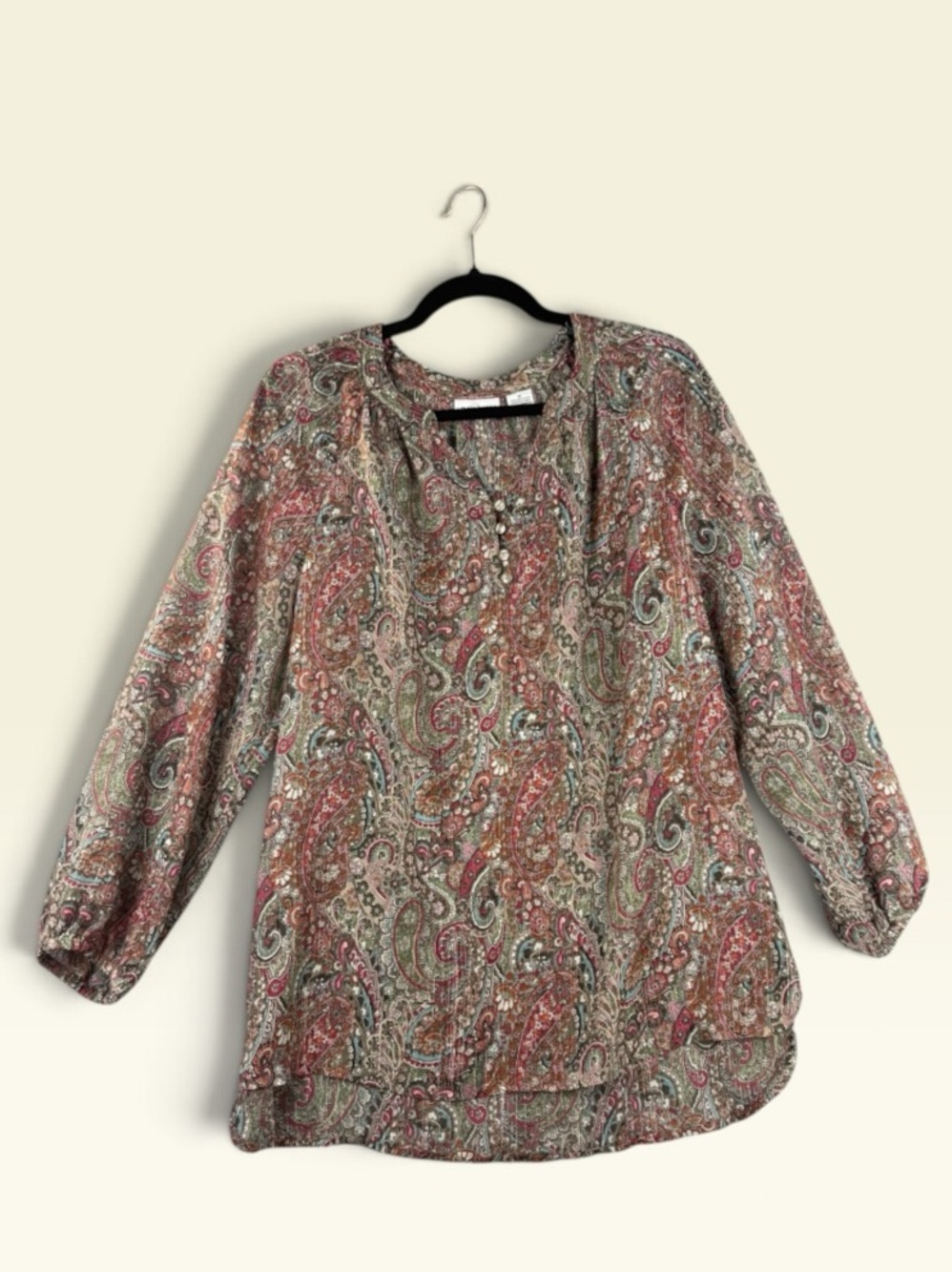 Liz Claiborne Paisley Split-Neck Long-Sleeve Blouse — Pink/Green
